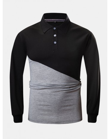 Mens Two Tone Stitching 100% Cotton Long Sleeve Casual Golf Shirts